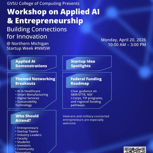Promotional poster for a workshop on Applied AI & Entrepreneurship at Northern Michigan Startup Week.